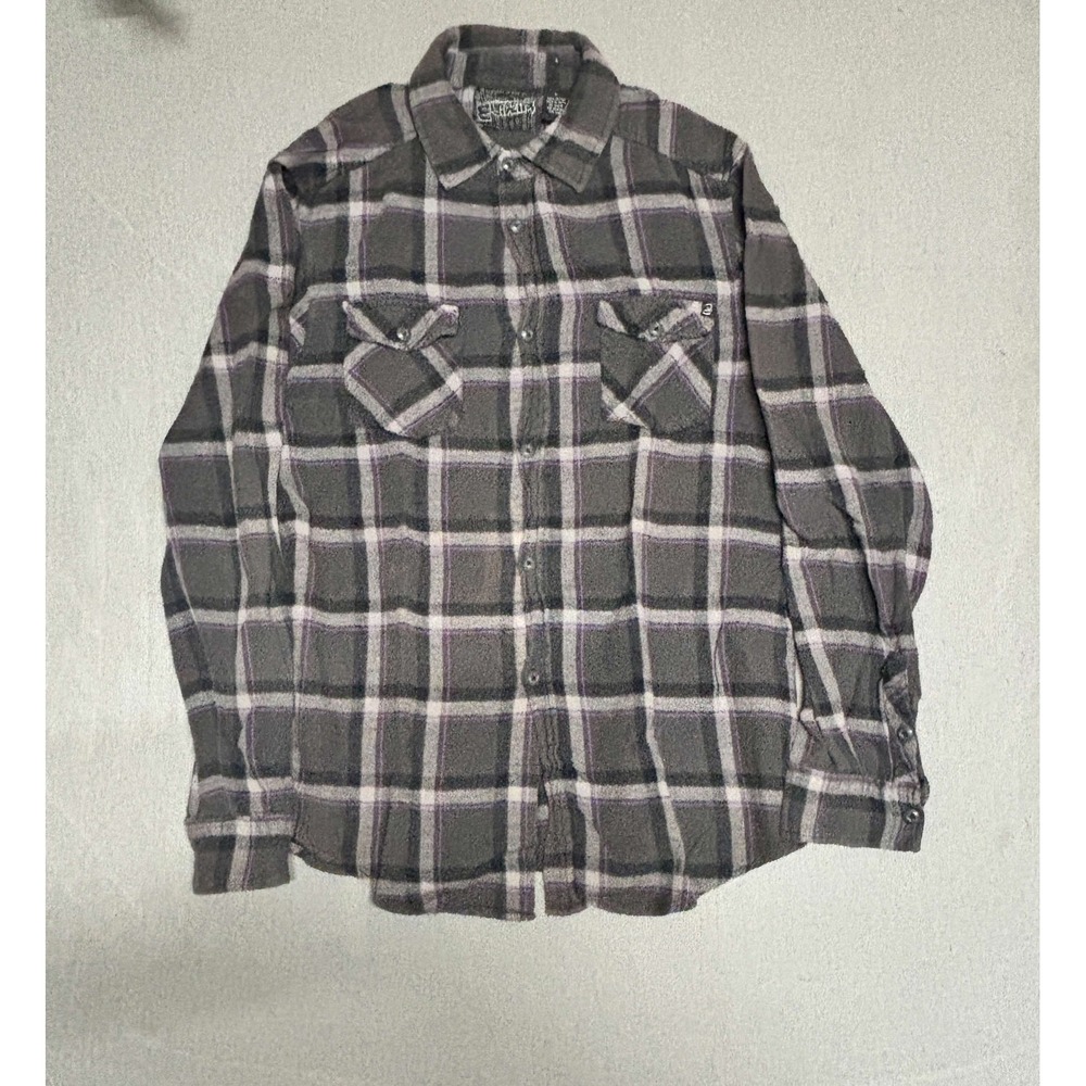 Micros Mens Flannel Button Up Shirt L Gray White Plaid